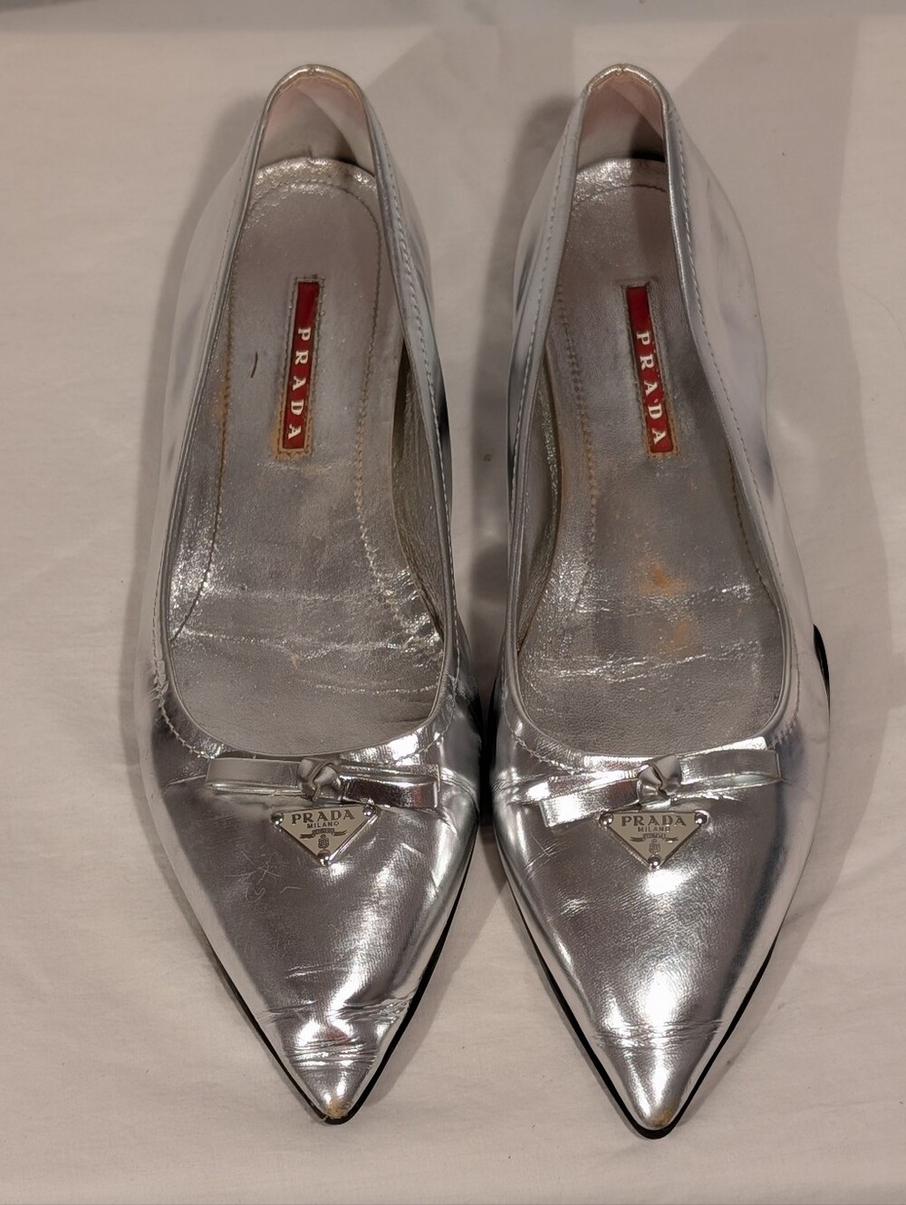 Prada Silver Pointed-Toe Leather Flats - Picture 2 of 6